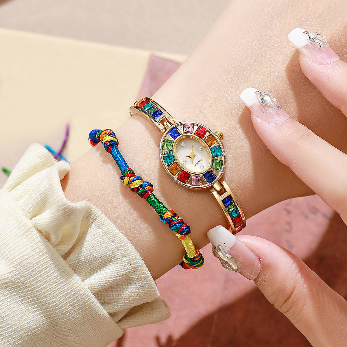 Jewelry Watches For Women - 2 ピース/セット高級ラインストーン女性用腕時計ファッションブレスレットバンドクォーツ時計ロープブレスレットセット Reloj Mujer（箱なし）