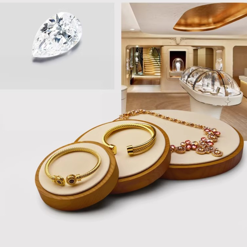 Jewelry And Watches Stores - 無垢材ジュエリートレイ、時計や指輪用、円形ベルベット裏地付き、店舗やデスクトップショーケースオーガナイザー用撮影小道具