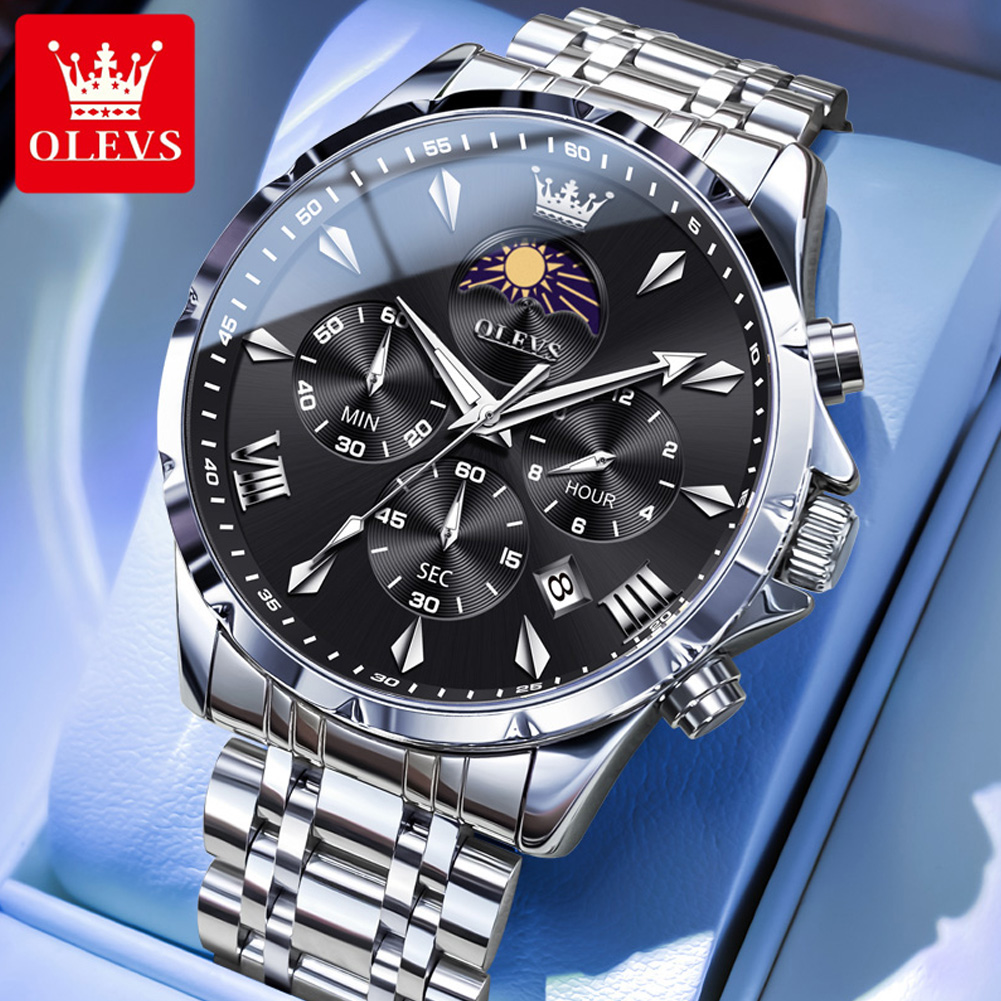 Jewelry Inspired Watches - OLEVS 3653 ブランドムーンフェイズカレンダーメンズ腕時計防水クォーツ時計男性用ステンレス鋼ビジネスクロノグラフ腕時計