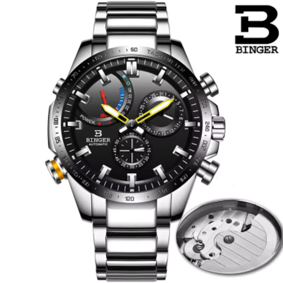 Automatic Watch Winder - 本物の高級スイス BINGER ブランドメンズ腕時計自動機械式発光防水エネルギーフルスチール月男性カレンダー