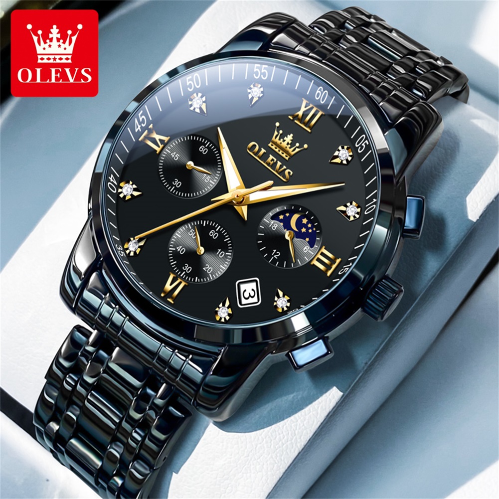 Jewelry Inspired Watches - OLEVS 人気のメンズ腕時計ステンレススチールブラックムーンフェイズクロノグラフクォーツ時計男性日付オリジナルブランド腕時計