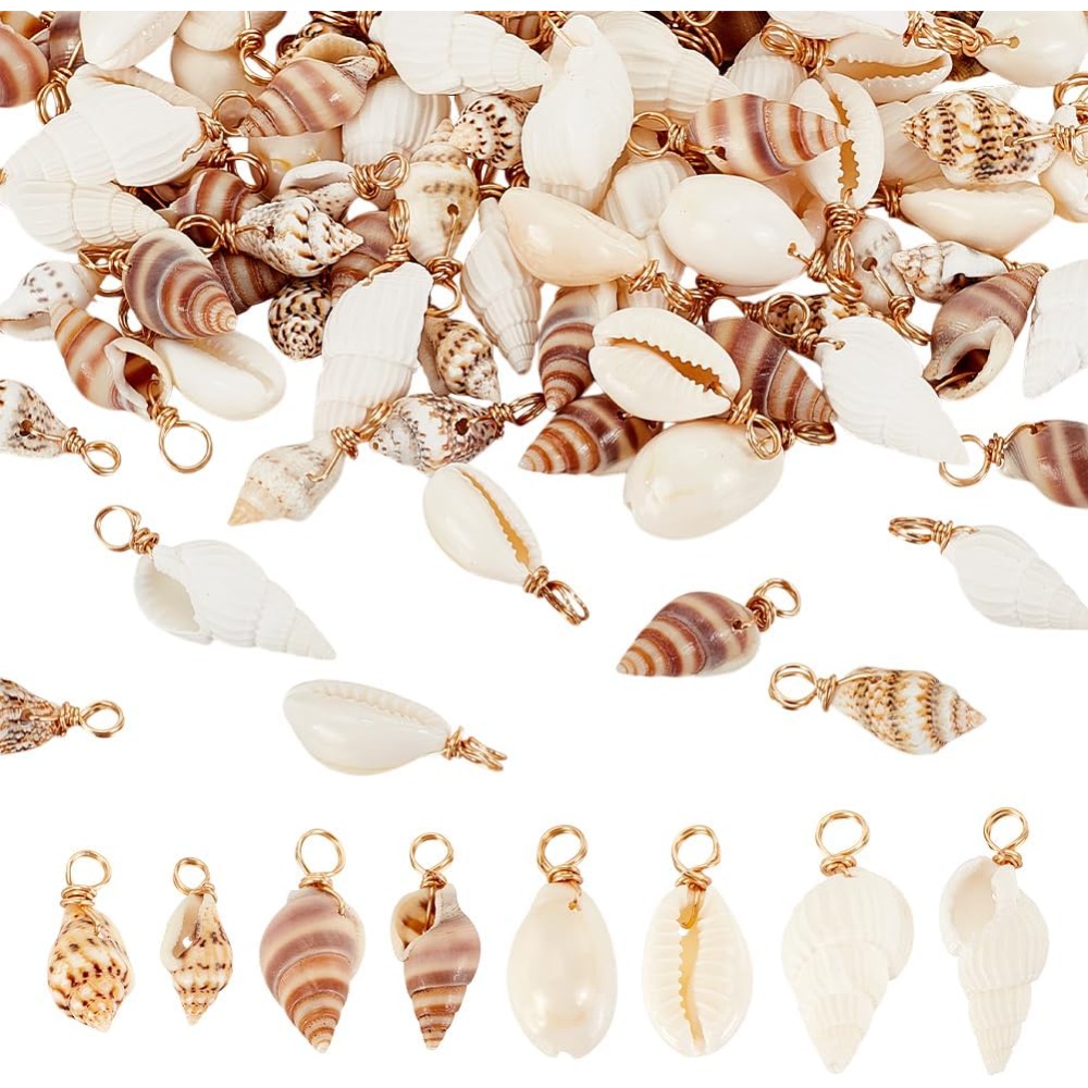 Charm Bracelet Beads - 100 個 4 スタイルナチュラルシェルチャームペンダント貝殻リンクネックレスブレスレットジュエリーメイキング巻貝コネクタキット