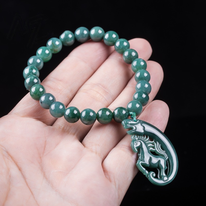 天然翡翠ブルーウォーター干支馬ビーズ手編みブレスレット高級ジ - Charm Bracelet Beads のレビューと価格