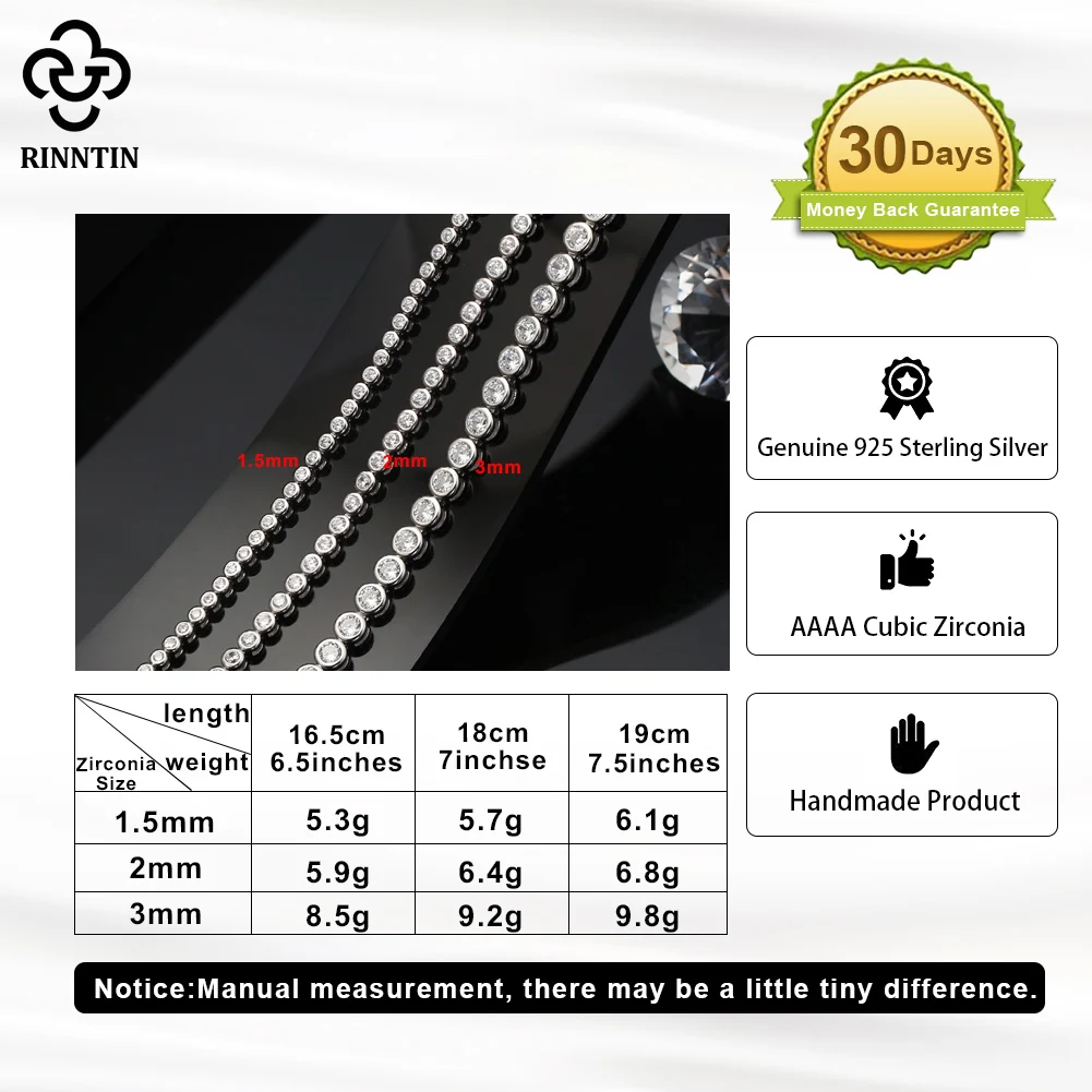 Rinntin 光沢のあるテニスブレスレット 925 スター - Tennis Bracelet Cubic のレビューと価格