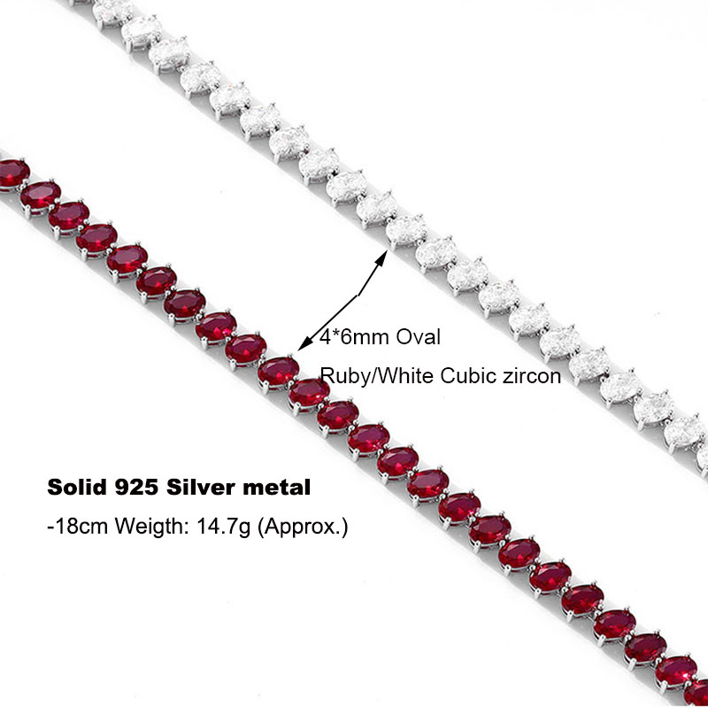 ピュアシルバーテニスブレスレット,楕円形チェーン,ルビーと白 - Tennis Bracelet Cubic のレビューと価格