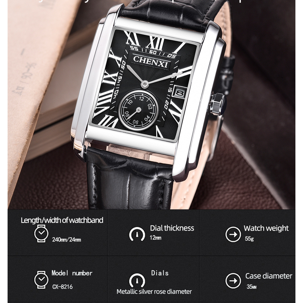 Chenxi-男性用のクラシックなスクエアブラウンレザーウォ - Jewelry Inspired Watches のレビューと価格