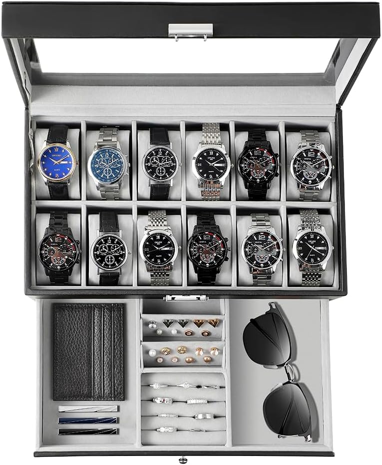 メンズギフト用腕時計ボックスオーガナイザー、ガラス蓋付き12 - Jewelry Organizer Watches のレビューと価格
