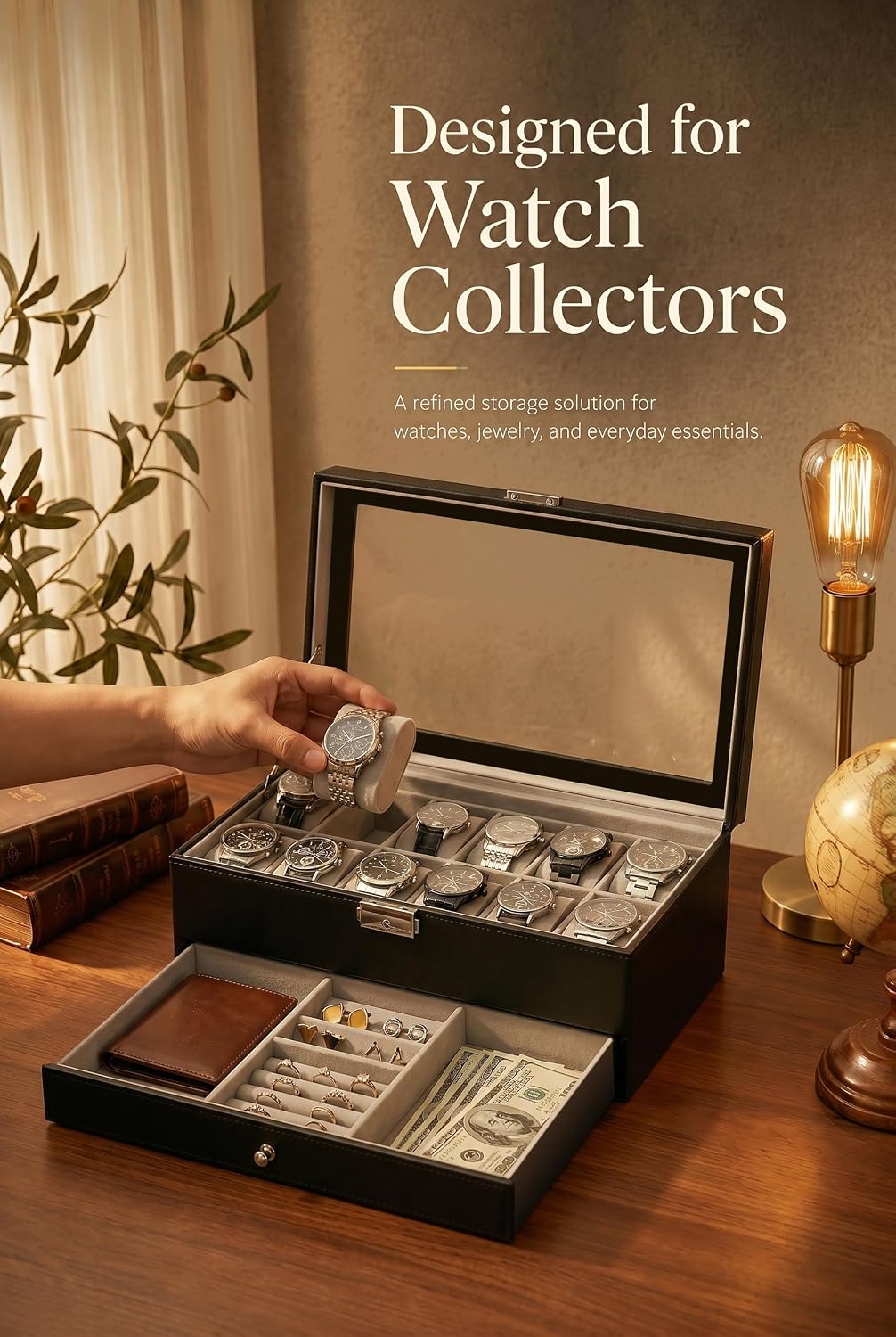 メンズギフト用腕時計ボックスオーガナイザー、ガラス蓋付き12 - Jewelry Organizer Watches のレビューと価格