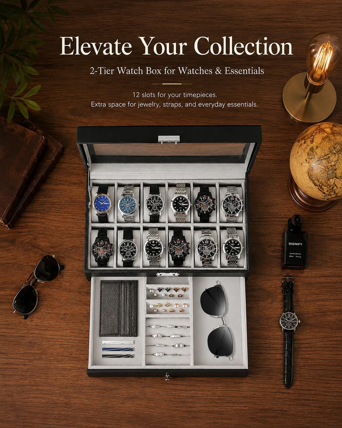 メンズギフト用腕時計ボックスオーガナイザー、ガラス蓋付き12 - Jewelry Organizer Watches のレビューと価格
